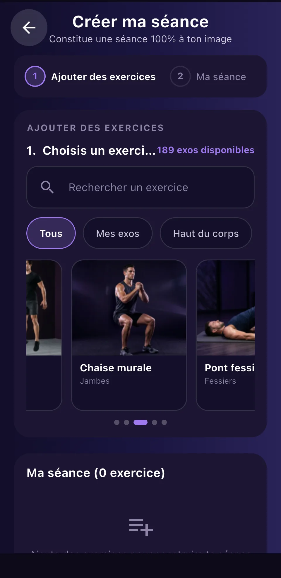 Recherche et filtres du catalogue d'exercices Fynto