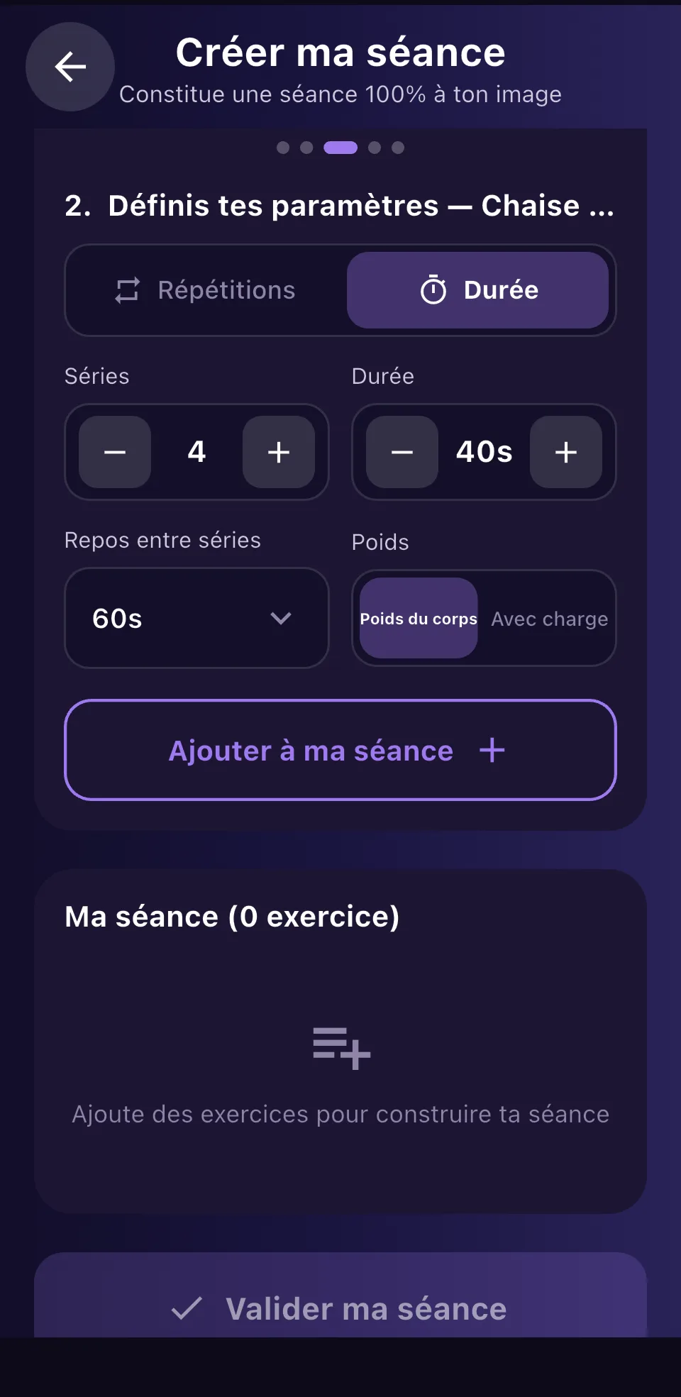 Réglage des séries, de la durée, du repos et de la charge dans Fynto