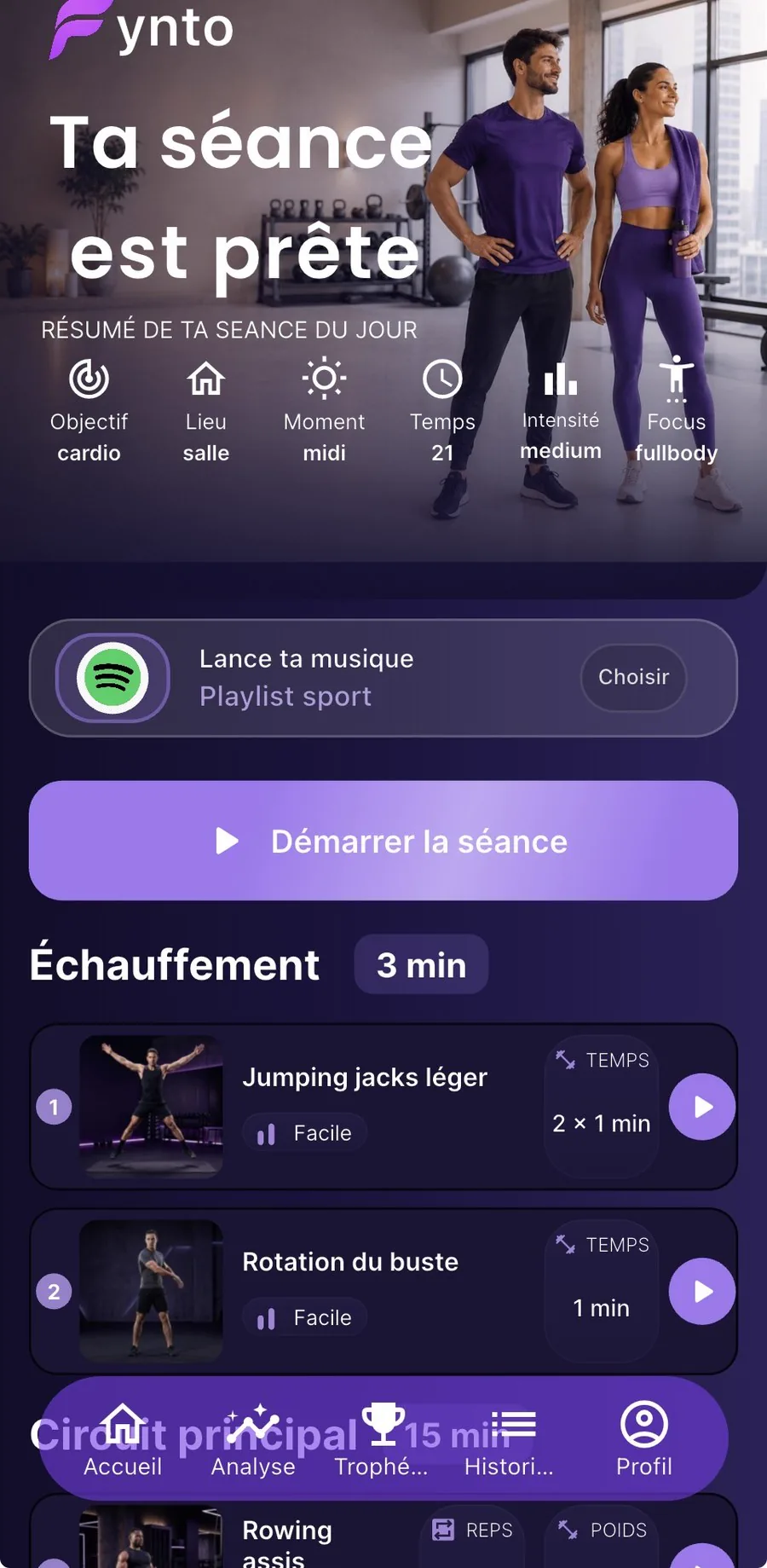 Récapitulatif d'une séance de musculation dans Fynto